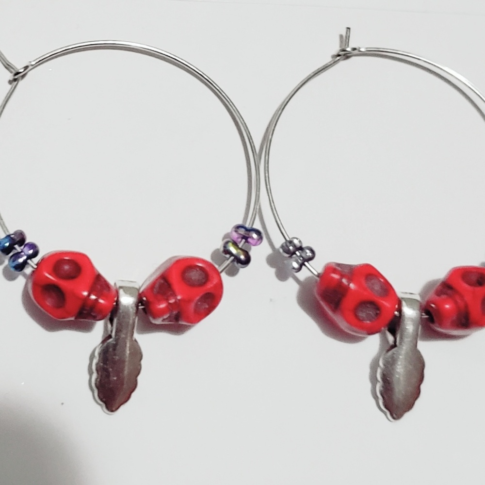 Red skull dangle hoop earrings